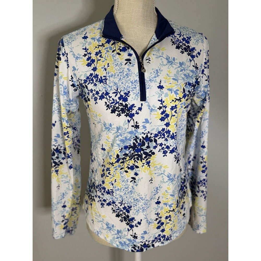SanSoleil SolTek LUX Floral Print long-sleeve Zip Mock Neck Sun Shirt Sz Small